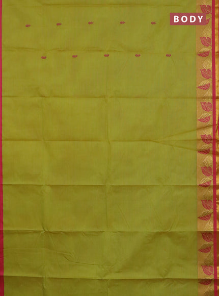 Chettinad cotton saree dual shade of lime yellow and pink with thread woven buttas and leaf zari woven border