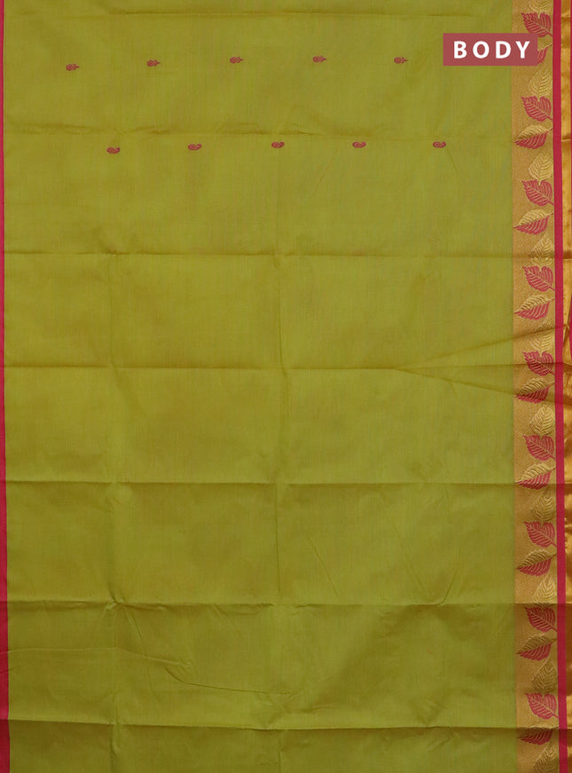 Chettinad cotton saree dual shade of lime yellow and pink with thread woven buttas and leaf zari woven border