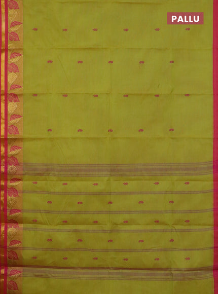 Chettinad cotton saree dual shade of lime yellow and pink with thread woven buttas and leaf zari woven border