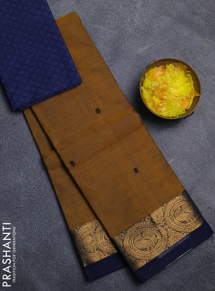 Chettinad cotton saree dark mustard and navy blue with thread woven buttas and annam zari woven border