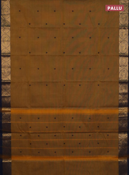Chettinad cotton saree dark mustard and navy blue with thread woven buttas and annam zari woven border