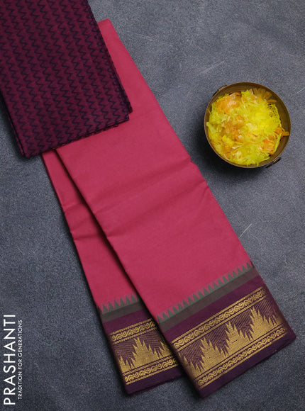 Chettinad cotton saree mauve pink and purple shade with plain body and temple zari woven border