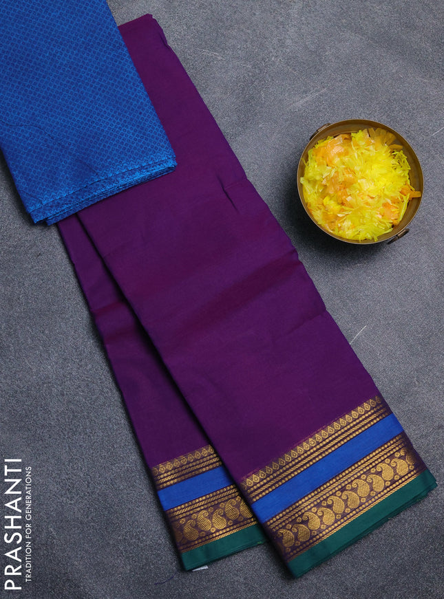 Chettinad cotton saree purple and green cs blue with plain body and rettapet zari woven border