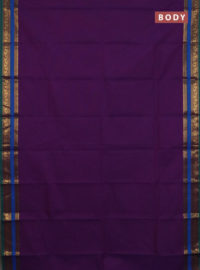 Chettinad cotton saree purple and green cs blue with plain body and rettapet zari woven border