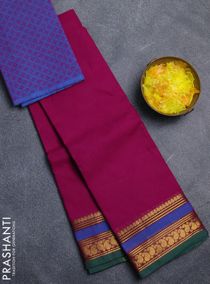 Chettinad cotton saree purple and green blue with plain body and rettapet zari woven border