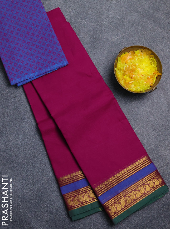 Chettinad cotton saree purple and green blue with plain body and rettapet zari woven border