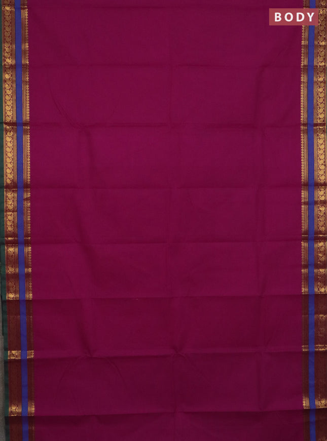 Chettinad cotton saree purple and green blue with plain body and rettapet zari woven border