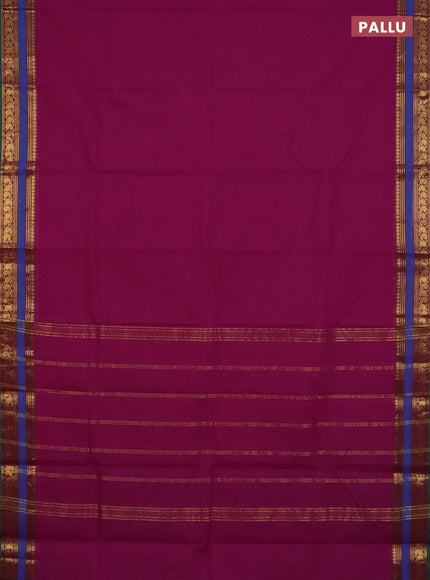 Chettinad cotton saree purple and green blue with plain body and rettapet zari woven border