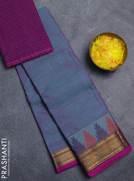 Chettinad cotton saree dual shade of greenish purple and magenta pink with plain body and temple design zari woven border