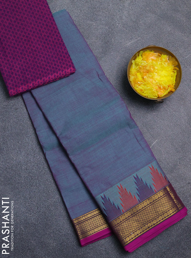 Chettinad cotton saree dual shade of greenish purple and magenta pink with plain body and temple design zari woven border