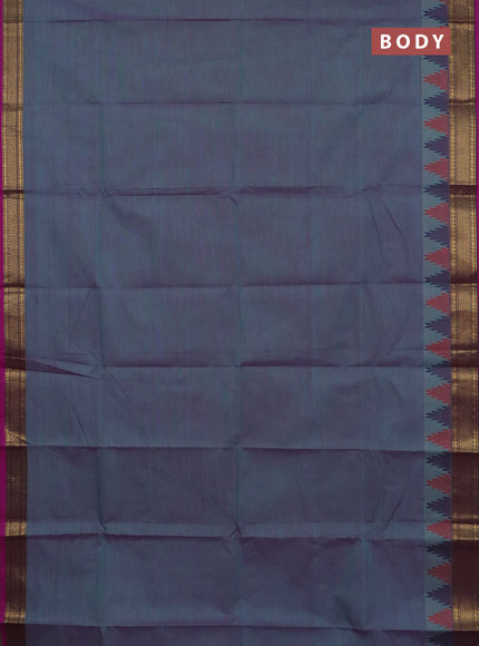 Chettinad cotton saree dual shade of greenish purple and magenta pink with plain body and temple design zari woven border
