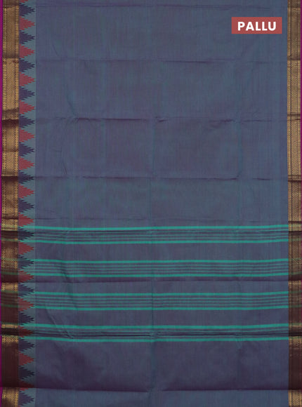 Chettinad cotton saree dual shade of greenish purple and magenta pink with plain body and temple design zari woven border