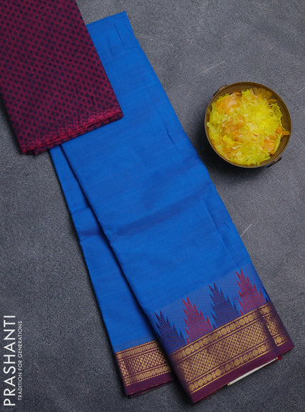 Chettinad cotton saree cs blue and wine shade with plain body and temple design zari woven border