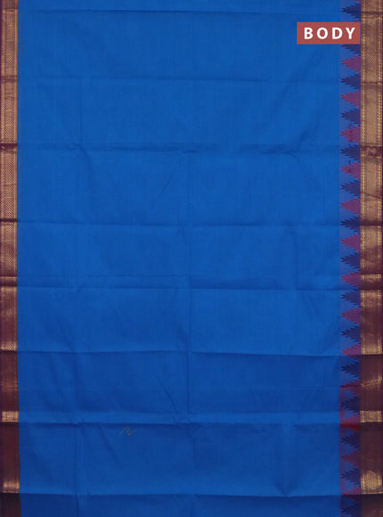 Chettinad cotton saree cs blue and wine shade with plain body and temple design zari woven border