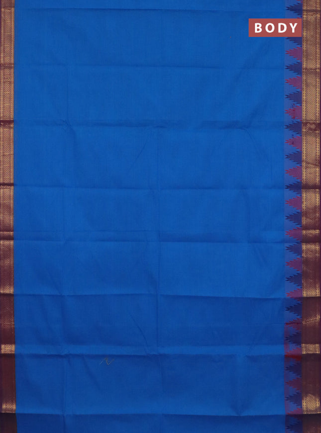 Chettinad cotton saree cs blue and wine shade with plain body and temple design zari woven border