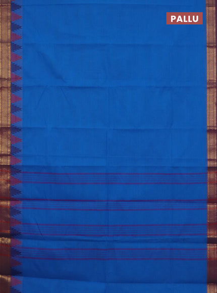 Chettinad cotton saree cs blue and wine shade with plain body and temple design zari woven border
