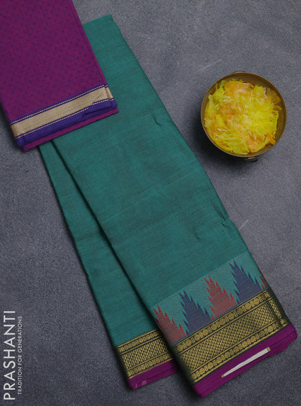 Chettinad cotton saree teal green and purple with plain body and temple design zari woven border
