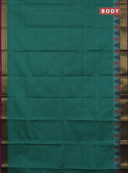 Chettinad cotton saree teal green and purple with plain body and temple design zari woven border