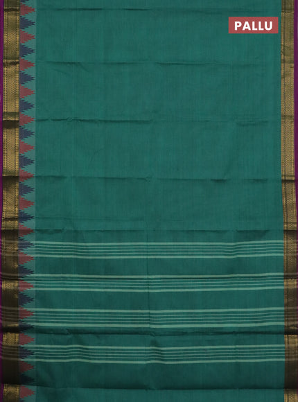 Chettinad cotton saree teal green and purple with plain body and temple design zari woven border