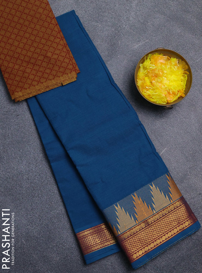 Chettinad cotton saree peacock blue and maroon with plain body and temple design zari woven border
