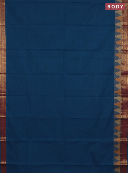 Chettinad cotton saree peacock blue and maroon with plain body and temple design zari woven border