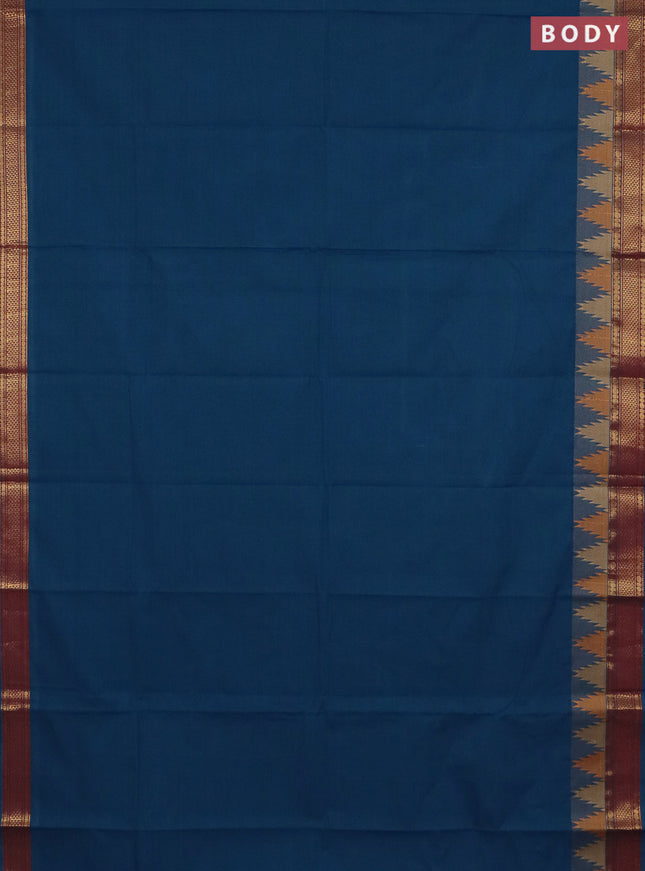 Chettinad cotton saree peacock blue and maroon with plain body and temple design zari woven border