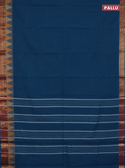 Chettinad cotton saree peacock blue and maroon with plain body and temple design zari woven border