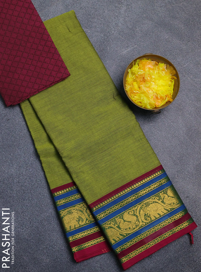 Chettinad cotton saree light green and wine shade with plain body and zari woven border