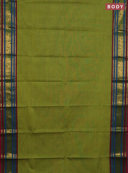 Chettinad cotton saree light green and wine shade with plain body and zari woven border