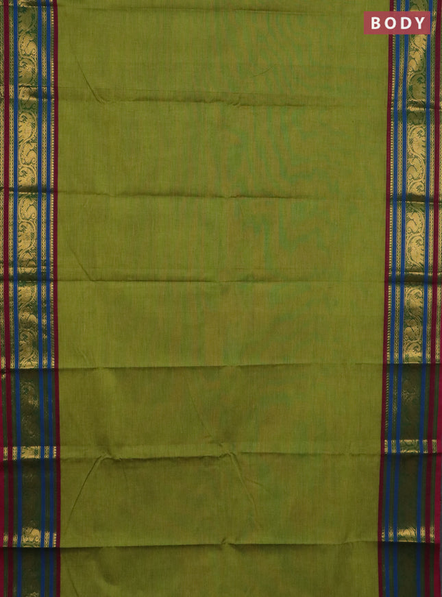 Chettinad cotton saree light green and wine shade with plain body and zari woven border
