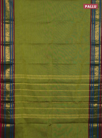 Chettinad cotton saree light green and wine shade with plain body and zari woven border
