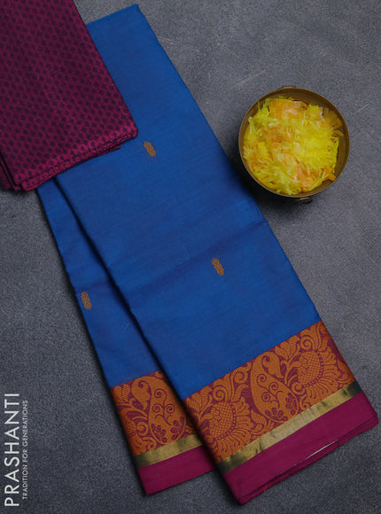 Chettinad cotton saree cs blue and wine shade with thread woven buttas and thread woven simple border
