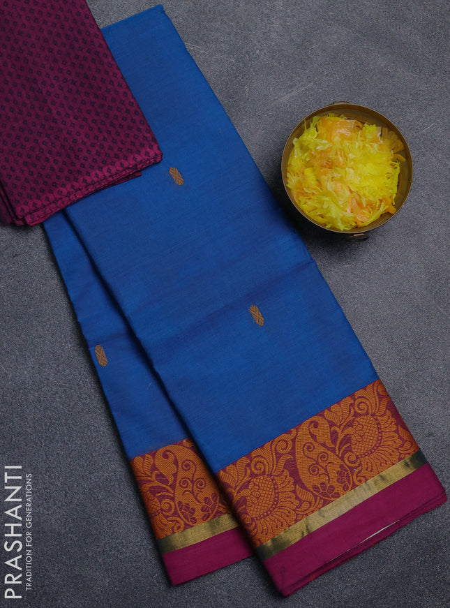 Chettinad cotton saree cs blue and wine shade with thread woven buttas and thread woven simple border