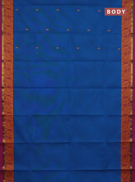 Chettinad cotton saree cs blue and wine shade with thread woven buttas and thread woven simple border