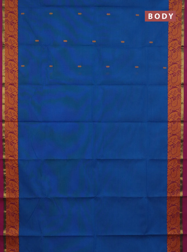 Chettinad cotton saree cs blue and wine shade with thread woven buttas and thread woven simple border
