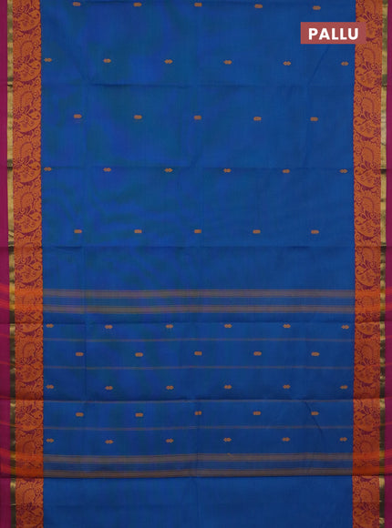 Chettinad cotton saree cs blue and wine shade with thread woven buttas and thread woven simple border