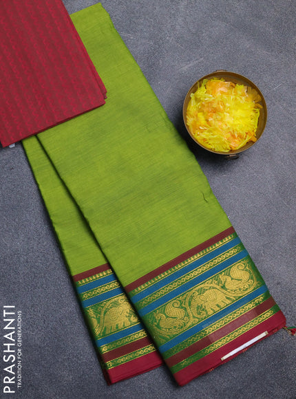 Chettinad cotton saree light green and wine shade with plain body and zari woven border
