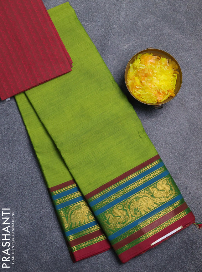 Chettinad cotton saree light green and wine shade with plain body and zari woven border