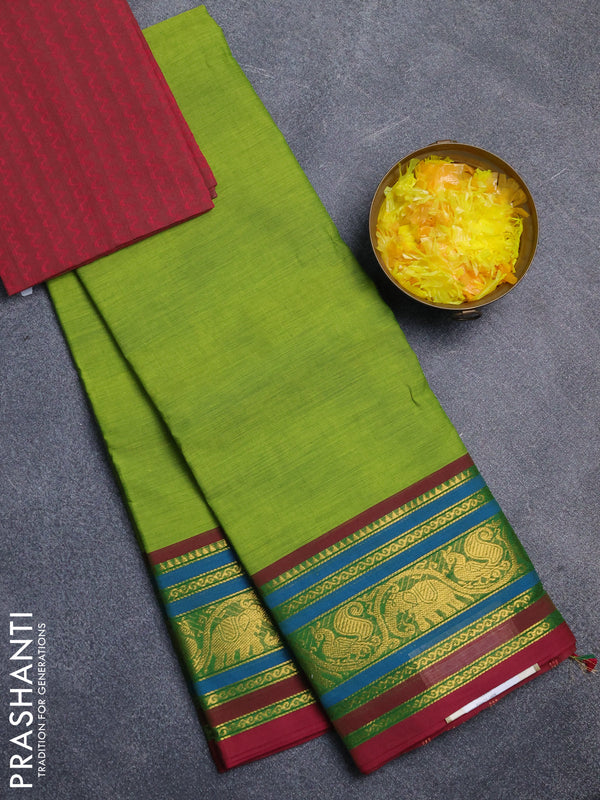 Chettinad cotton saree light green and wine shade with plain body and zari woven border