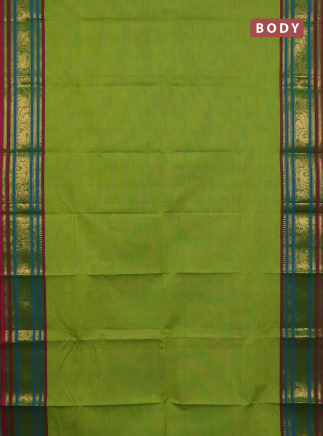 Chettinad cotton saree light green and wine shade with plain body and zari woven border
