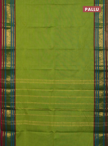 Chettinad cotton saree light green and wine shade with plain body and zari woven border