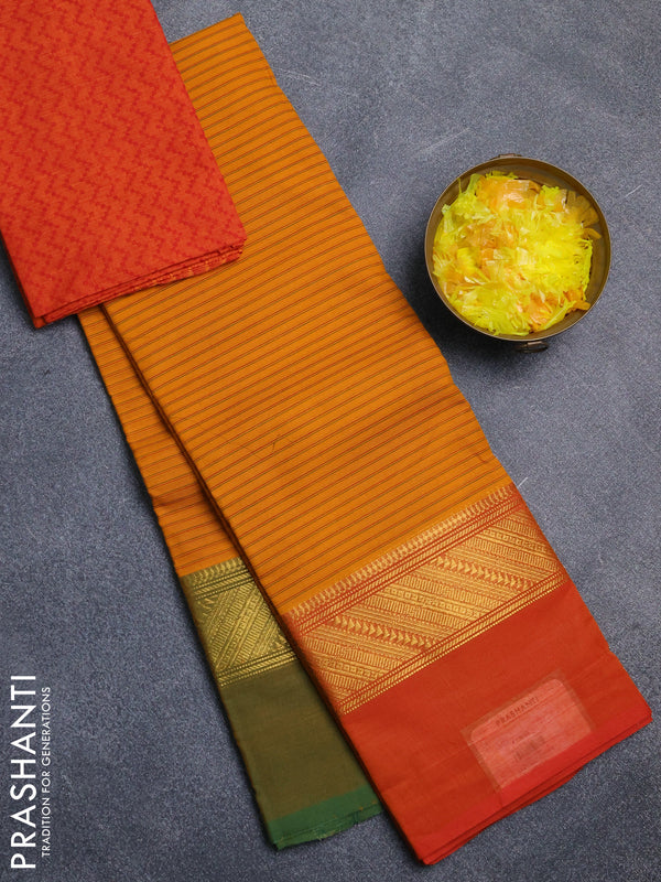 Chettinad cotton saree dark mustard and sunset orange with allover stripe pattern and ganga jamuna border