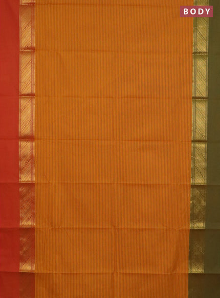 Chettinad cotton saree dark mustard and sunset orange with allover stripe pattern and ganga jamuna border
