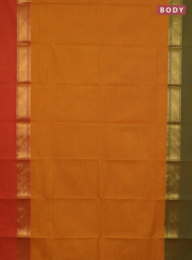 Chettinad cotton saree dark mustard and sunset orange with allover stripe pattern and ganga jamuna border