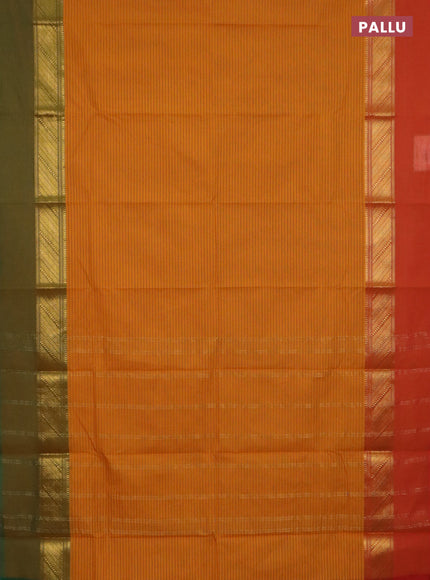 Chettinad cotton saree dark mustard and sunset orange with allover stripe pattern and ganga jamuna border
