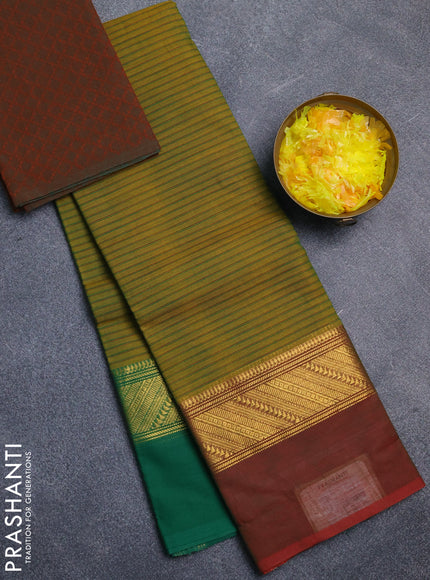 Chettinad cotton saree mustard green and dark mustard with allover stripe pattern and ganga jamuna border