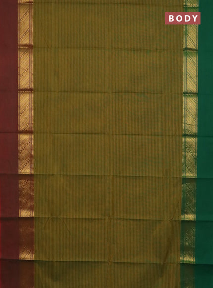 Chettinad cotton saree mustard green and dark mustard with allover stripe pattern and ganga jamuna border