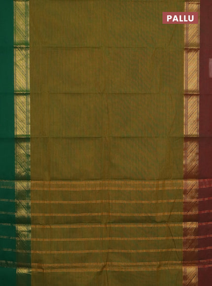 Chettinad cotton saree mustard green and dark mustard with allover stripe pattern and ganga jamuna border