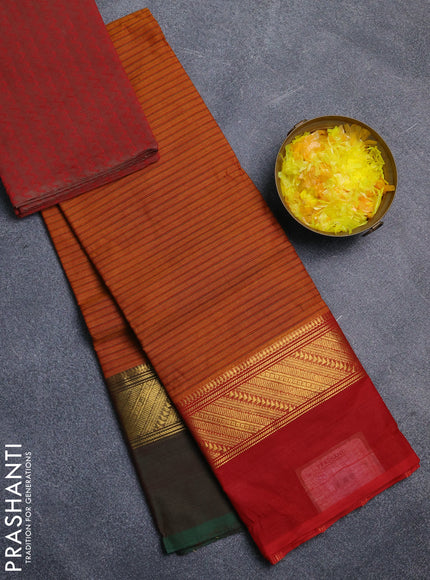 Chettinad cotton saree dark mustard and red with allover stripe pattern and ganga jamuna border