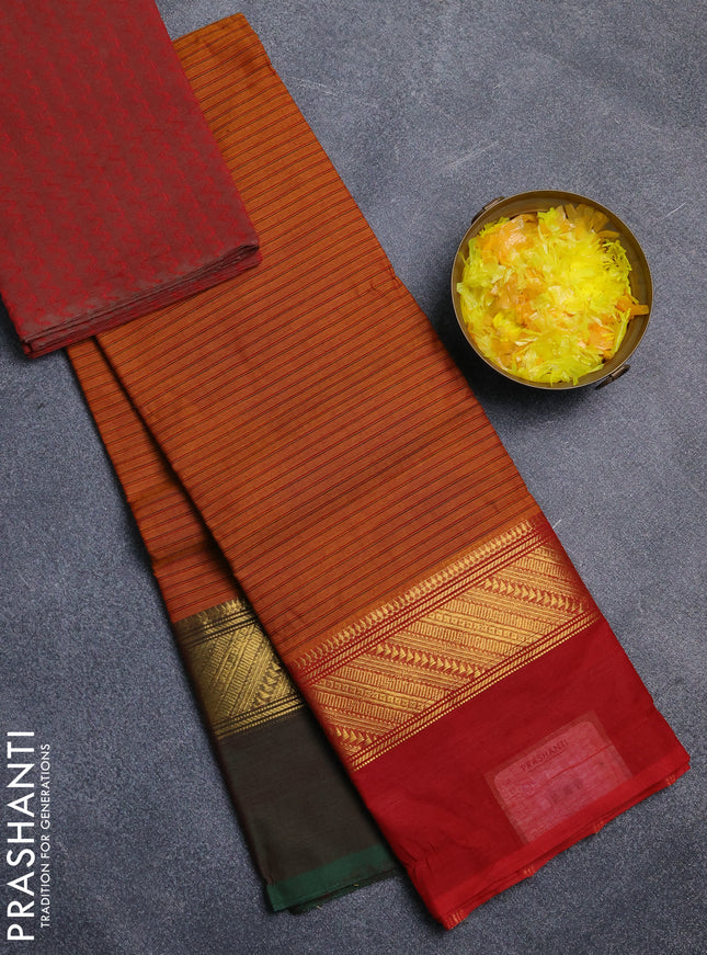 Chettinad cotton saree dark mustard and red with allover stripe pattern and ganga jamuna border